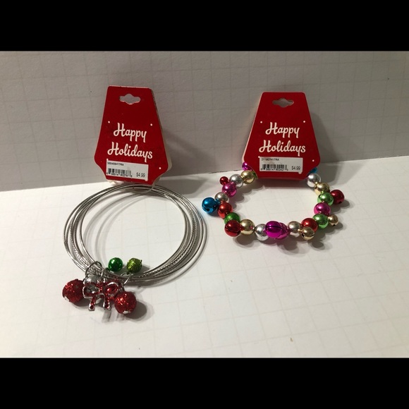Happy Holidays bracelets bangles bells multi color silver set of 2 new sets jewe - Picture 1 of 10
